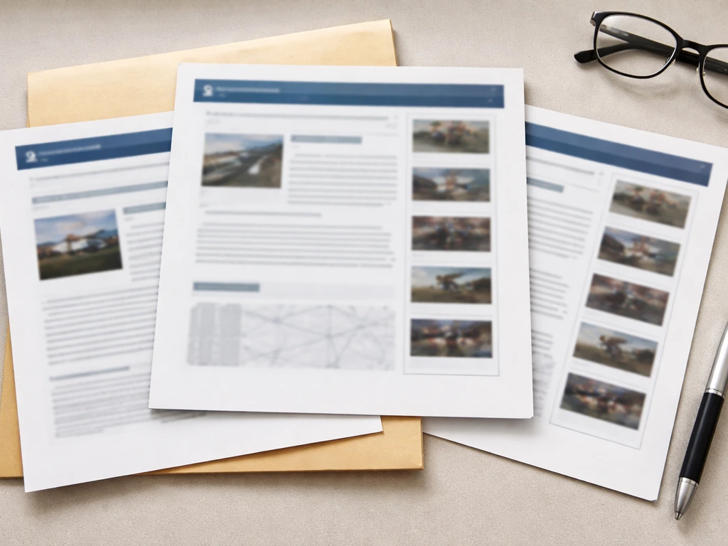 Minimal desk scene with overlapping blurred panels of official accident-investigation web pages, non-readable.
