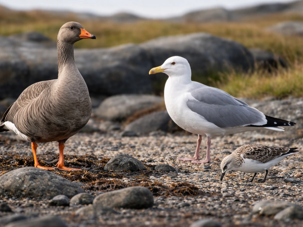 Three Arctic birds on a rocky tundra shoreline in Greenland, photographed close with soft daylight