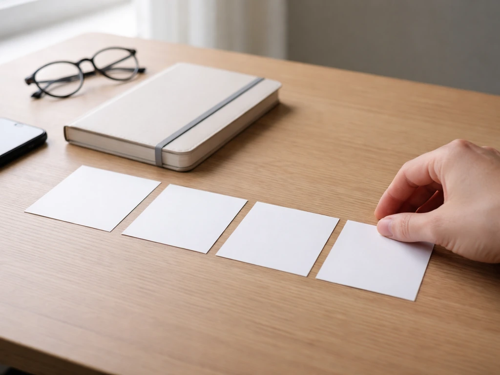 Hand arranging blank index cards on a wooden desk beside a notebook and glasses, suggesting a research checklist.