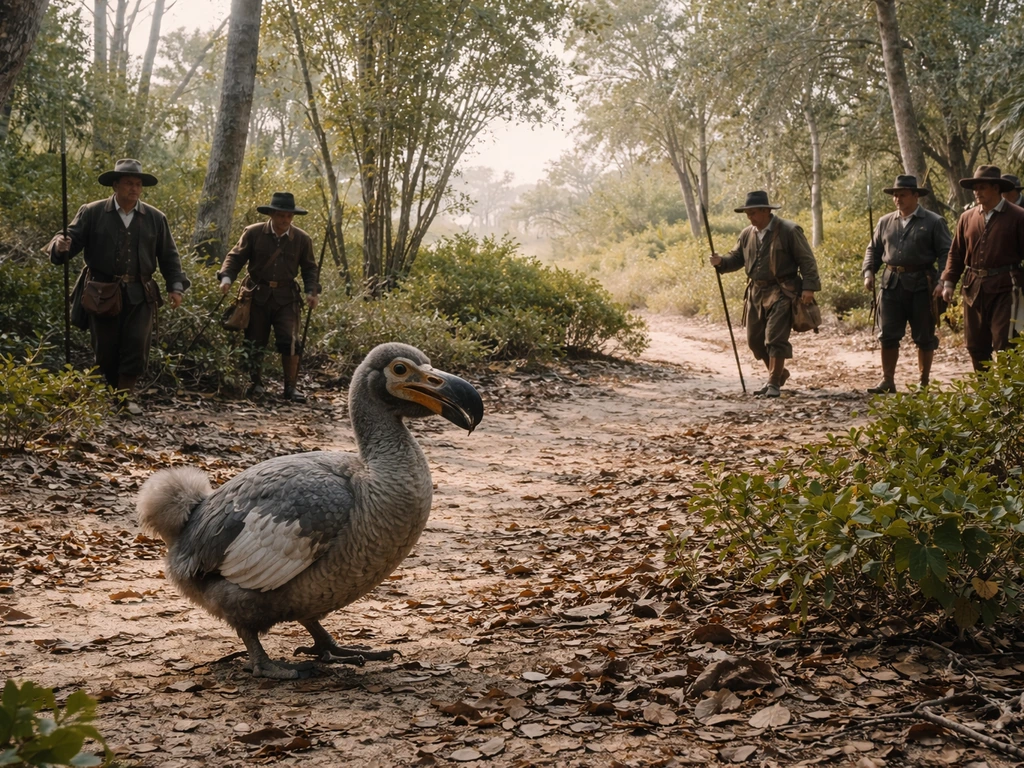 Anonymous 16th–17th century explorers encounter a dodo on the ground in a Mauritius scrub forest.