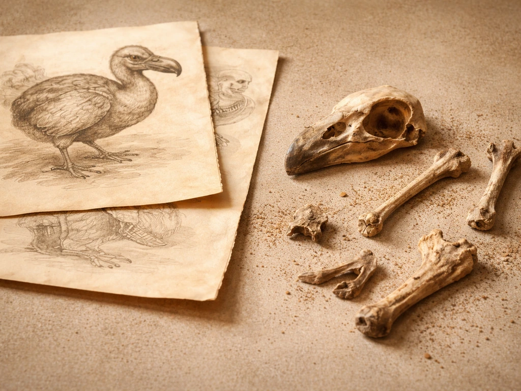 Minimal collage: aged dodo sketches beside small fossil-like bone fragments on sandy beach soil.