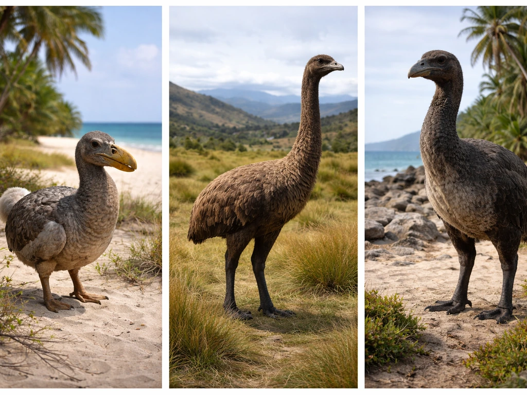 Three extinct birds—dodo-like, moa-like, and elephant-bird-like—standing in minimal habitat settings outdoors.