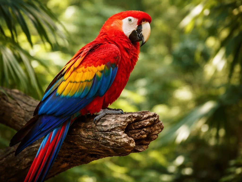 Vivid macaw perched on a branch in tropical foliage, bright feathers in natural jungle light.