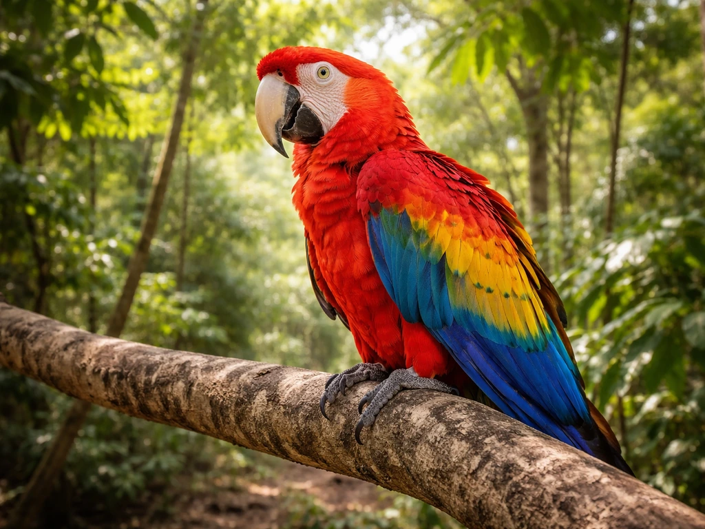 Scarlet macaw perched on a forest branch with sunlit green foliage in the background.