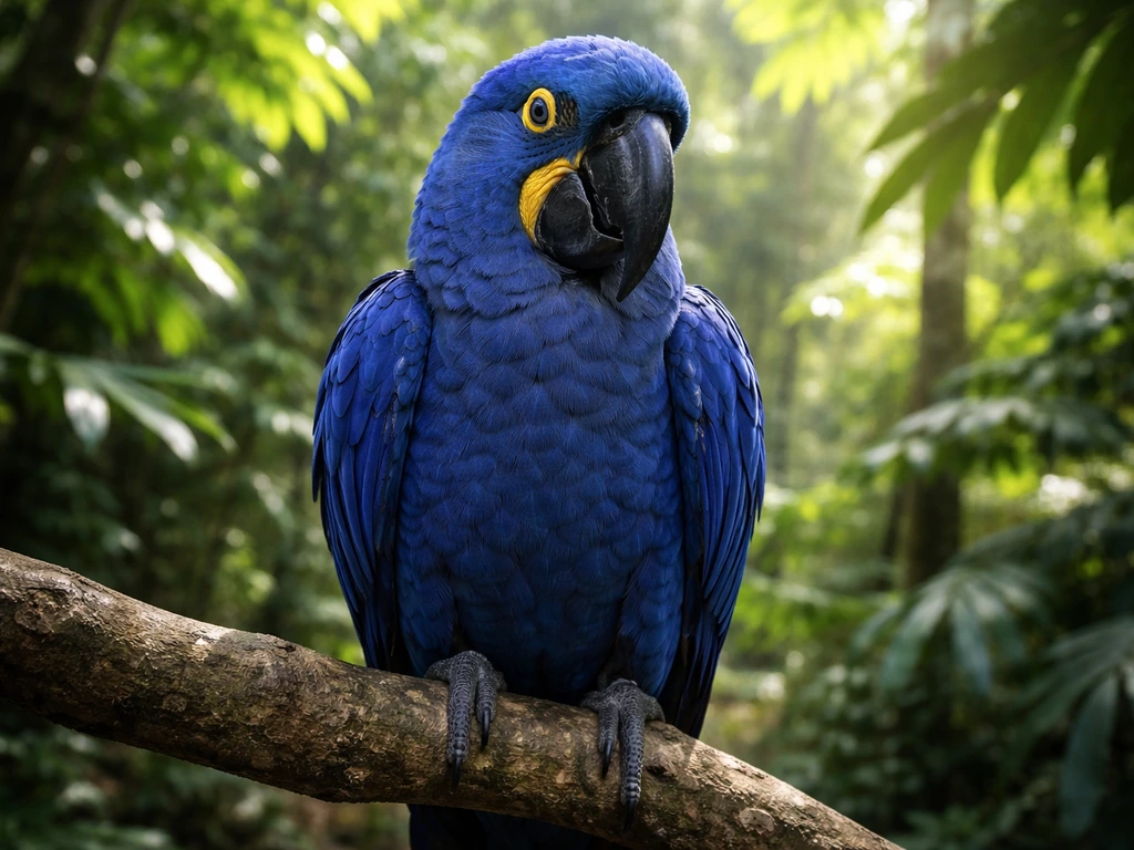 Close-up of a hyacinth macaw perched on a rainforest branch, showing deep blue plumage and bill details.
