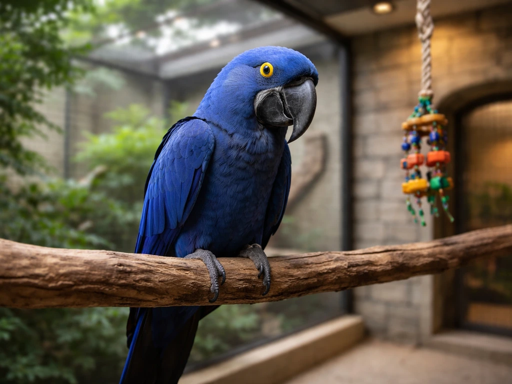 Hyacinth macaw perched inside a quiet zoo aviary, showing a captive non-native setting.