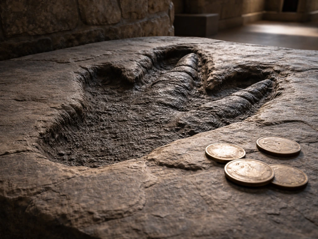 Dramatic photo of an ancient-size bird fossil footprint beside a coin scale reference for massive weight