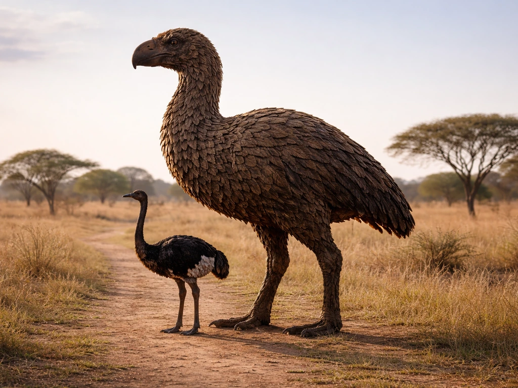 Giant prehistoric bird silhouette compared side-by-side with a smaller ostrich silhouette in a savanna.