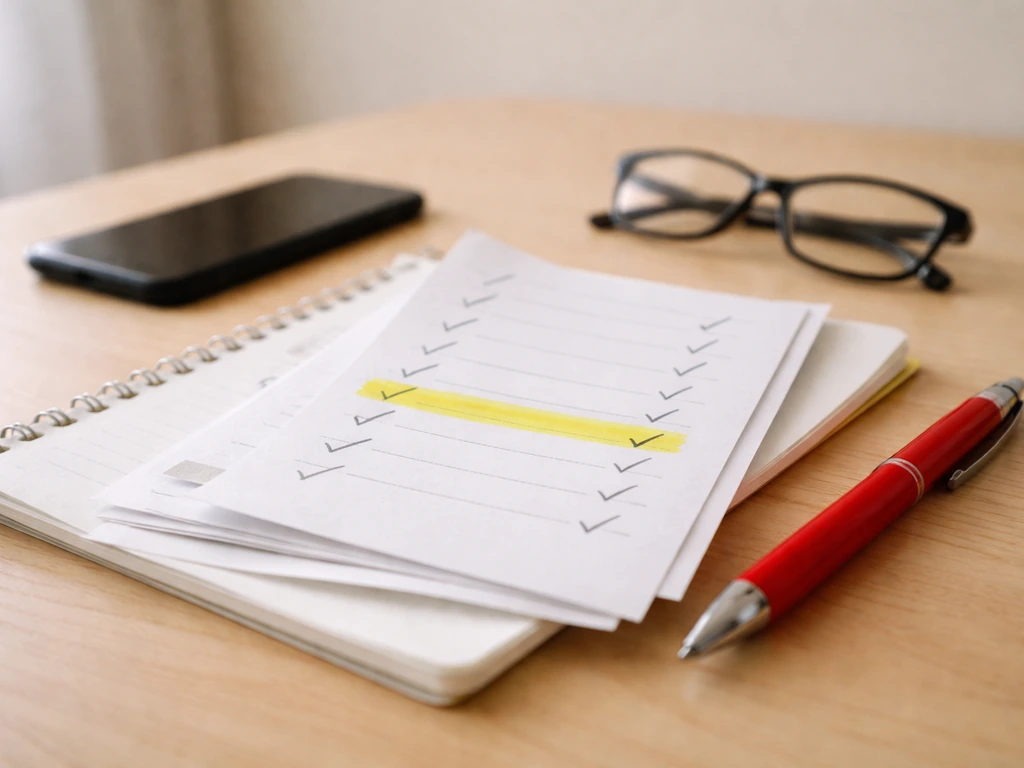 Close-up of a desk with a notebook, printed pages, checkmarks, and markers suggesting verifying claims.