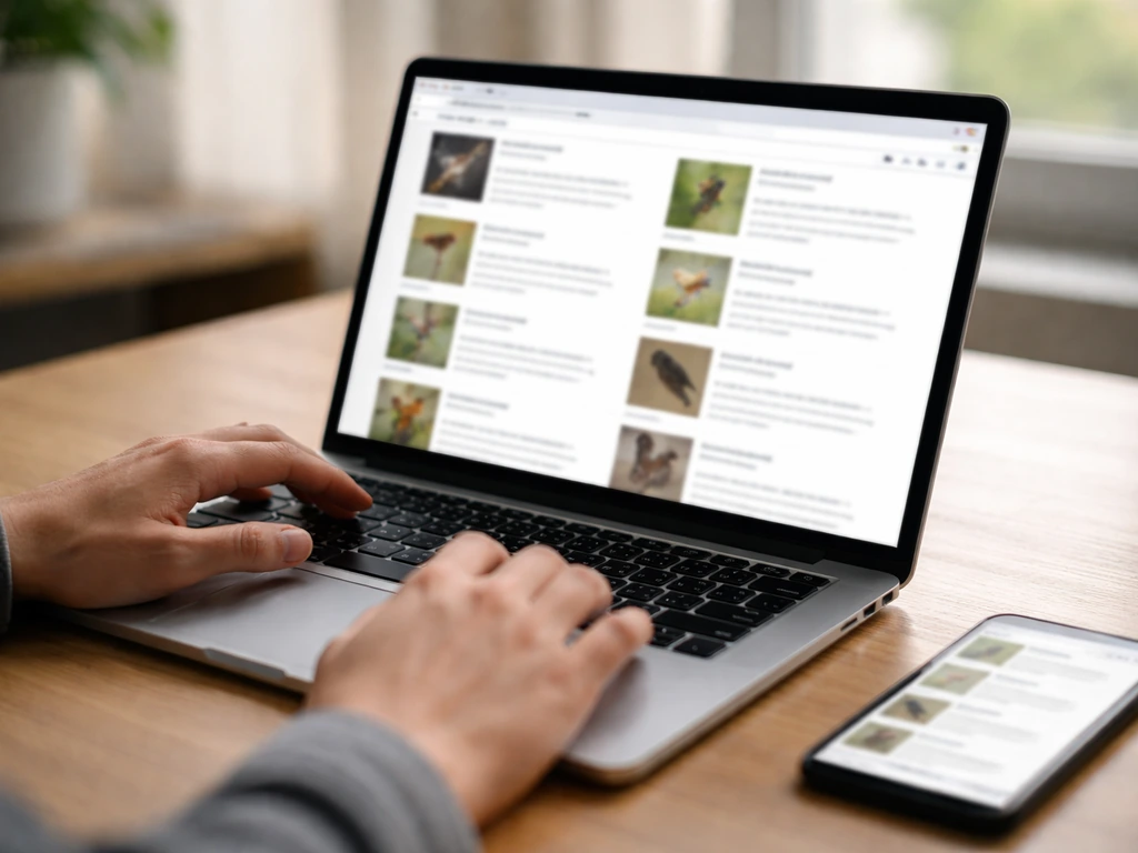 Anonymous hands browsing a laptop showing blurred bird database search results pages.