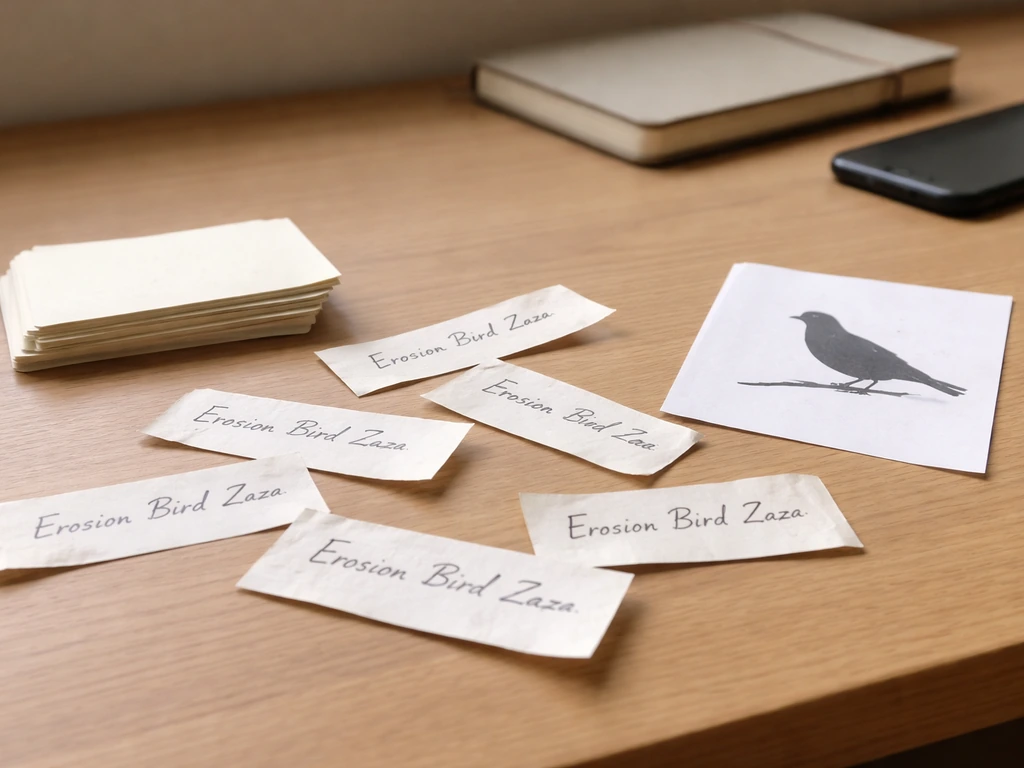 Minimal desktop scene showing scattered bird-related name cards and a single muted bird illustration