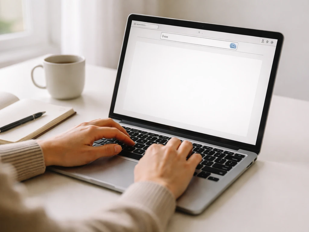 Hands using a laptop while a browser shows an empty search result area for bird taxonomy verification