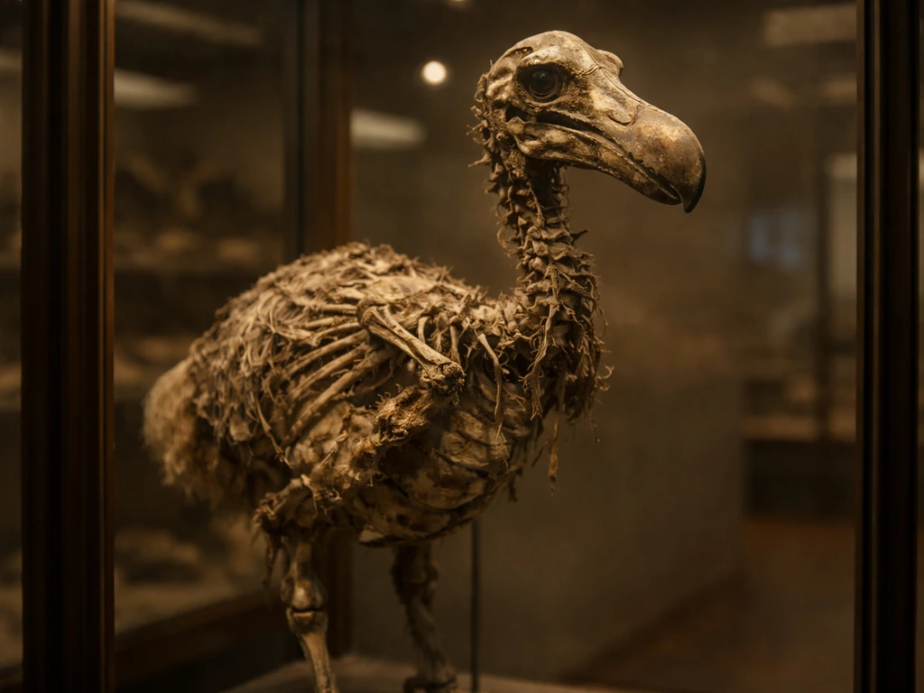Close-up of a dodo-like specimen behind a museum glass case, showing bones and faint tissue residue.