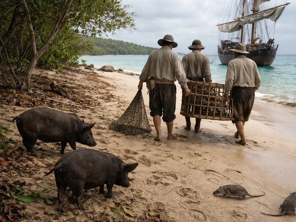 Historical sailors on a beach near a small wooded area with ship anchors and roaming rats and pigs