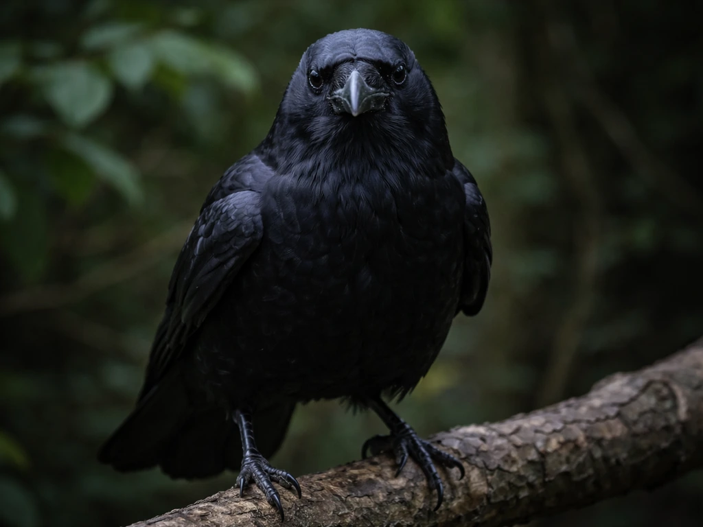 Close-up of a crow perched on a natural branch in soft natural light