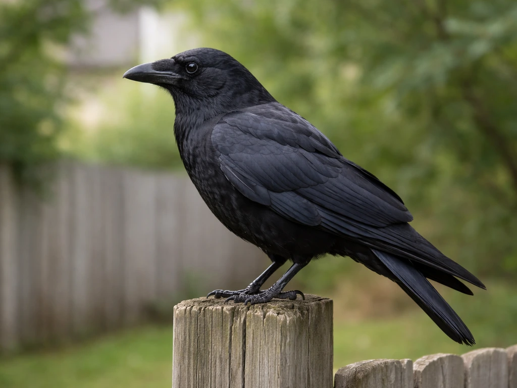 Single crow perched on a wooden fence post with tail and bill clearly visible.