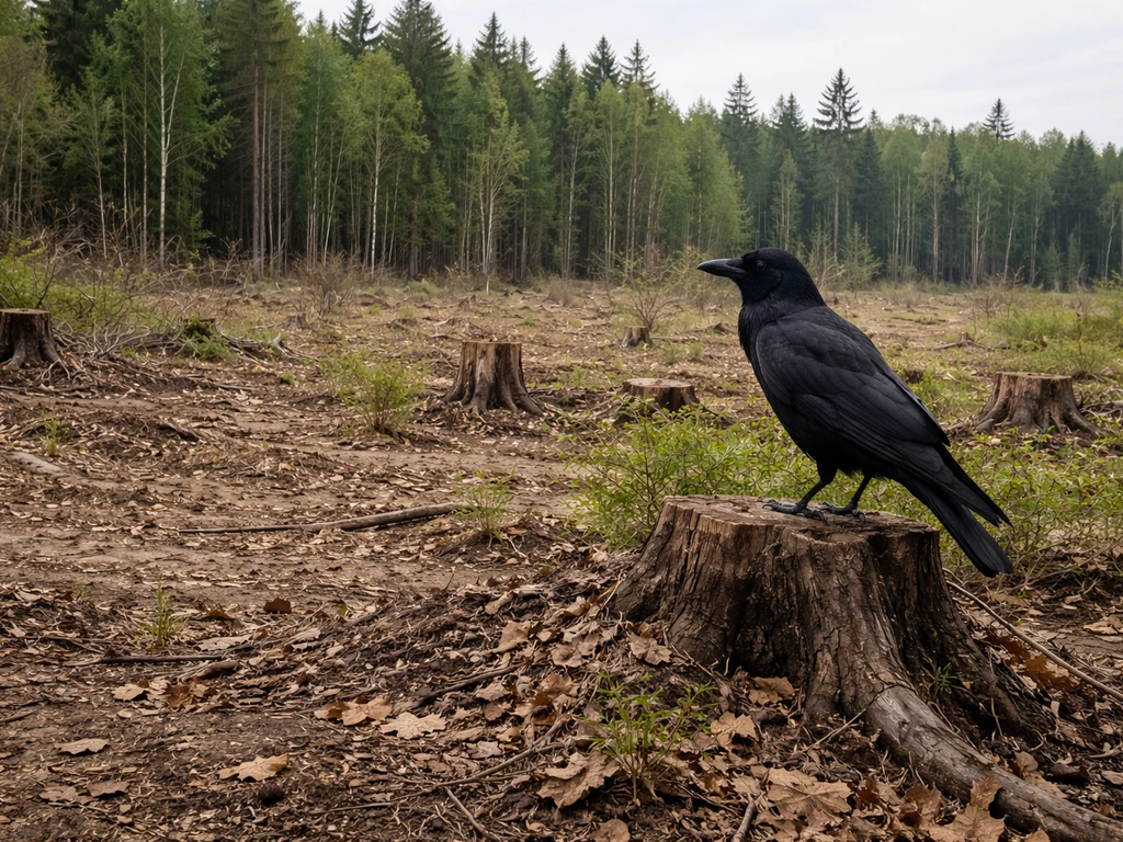 Crow-like Corvus perched at the edge of a fragmented, deforested habitat.