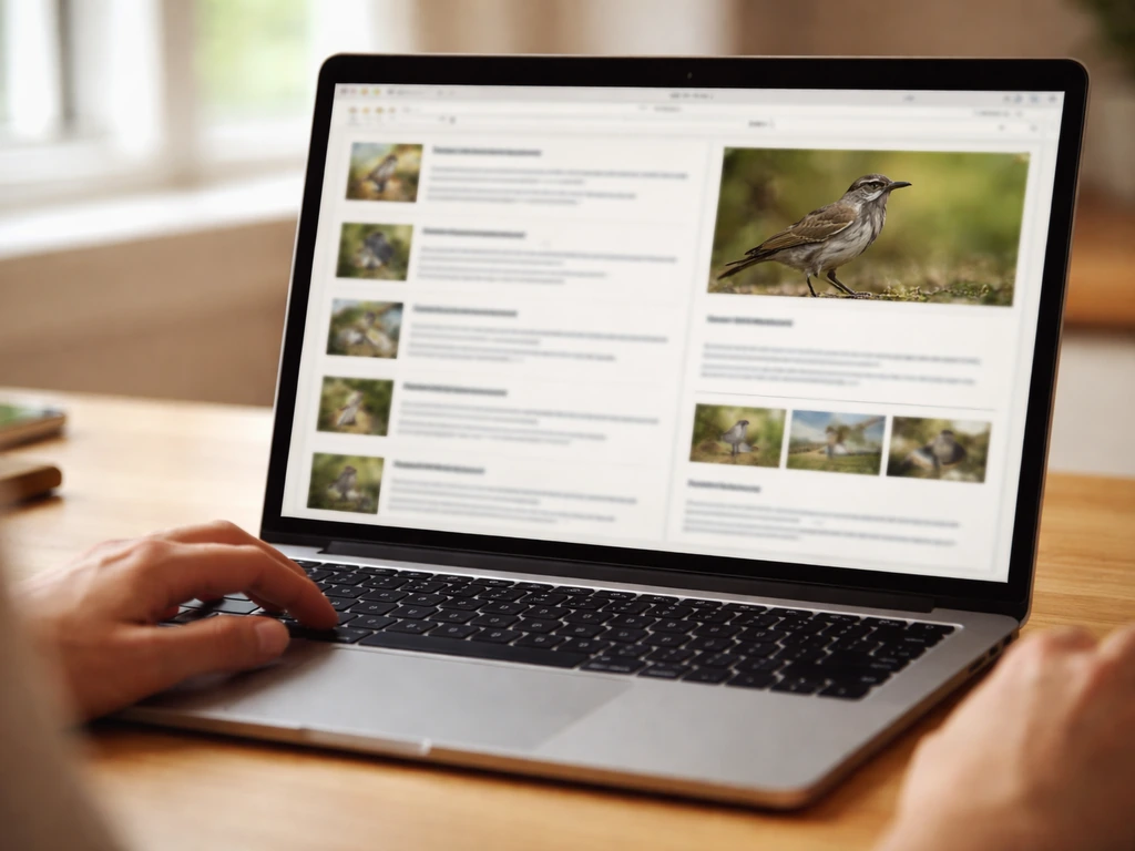 Close-up of a laptop showing generic bird species search results and details layout for checking conservation status.