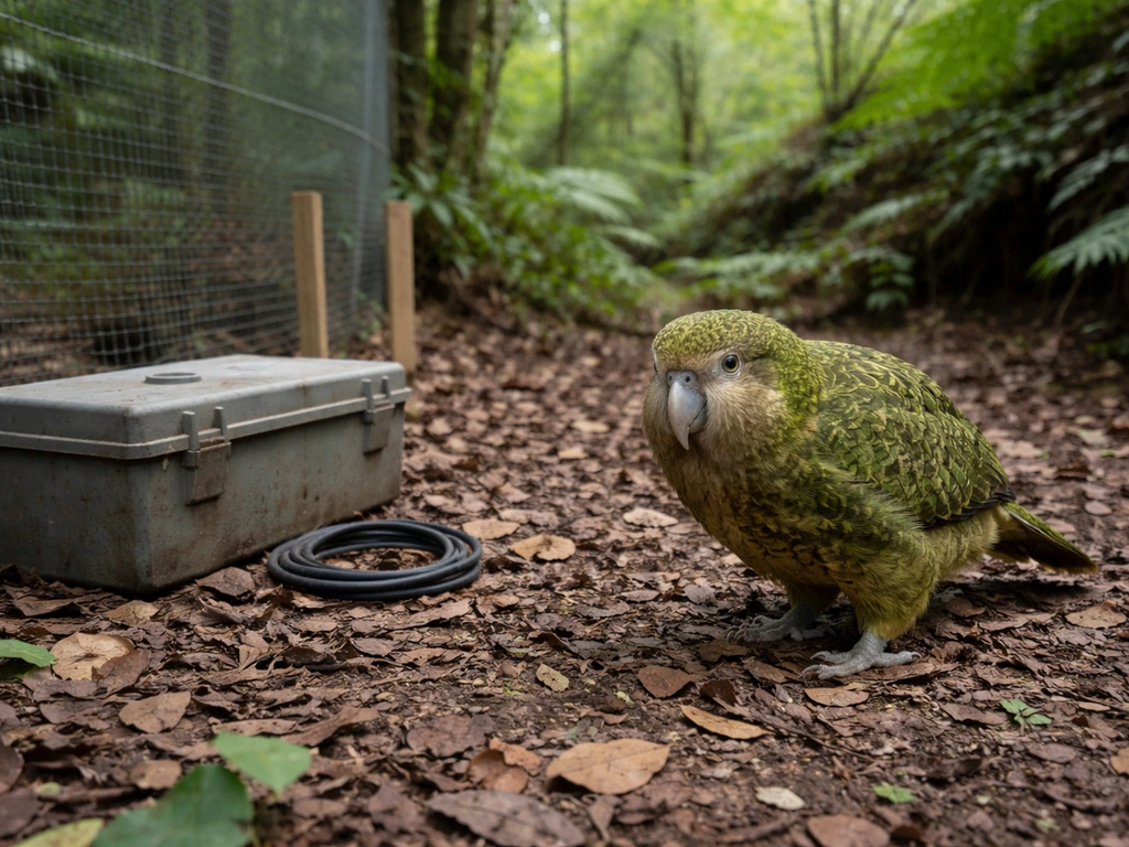 Olive kākāpō on forest floor near simple monitoring equipment inside a fenced conservation area.