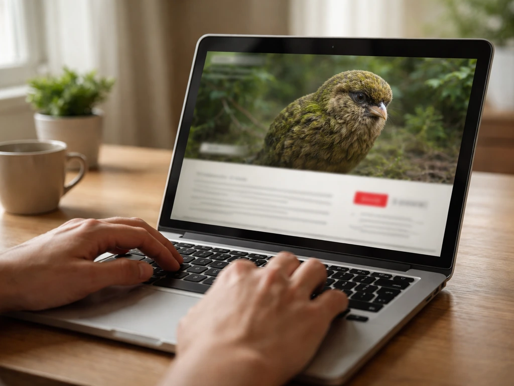 Close-up of a laptop screen showing an IUCN Red List entry page for the kākāpō, with no readable text