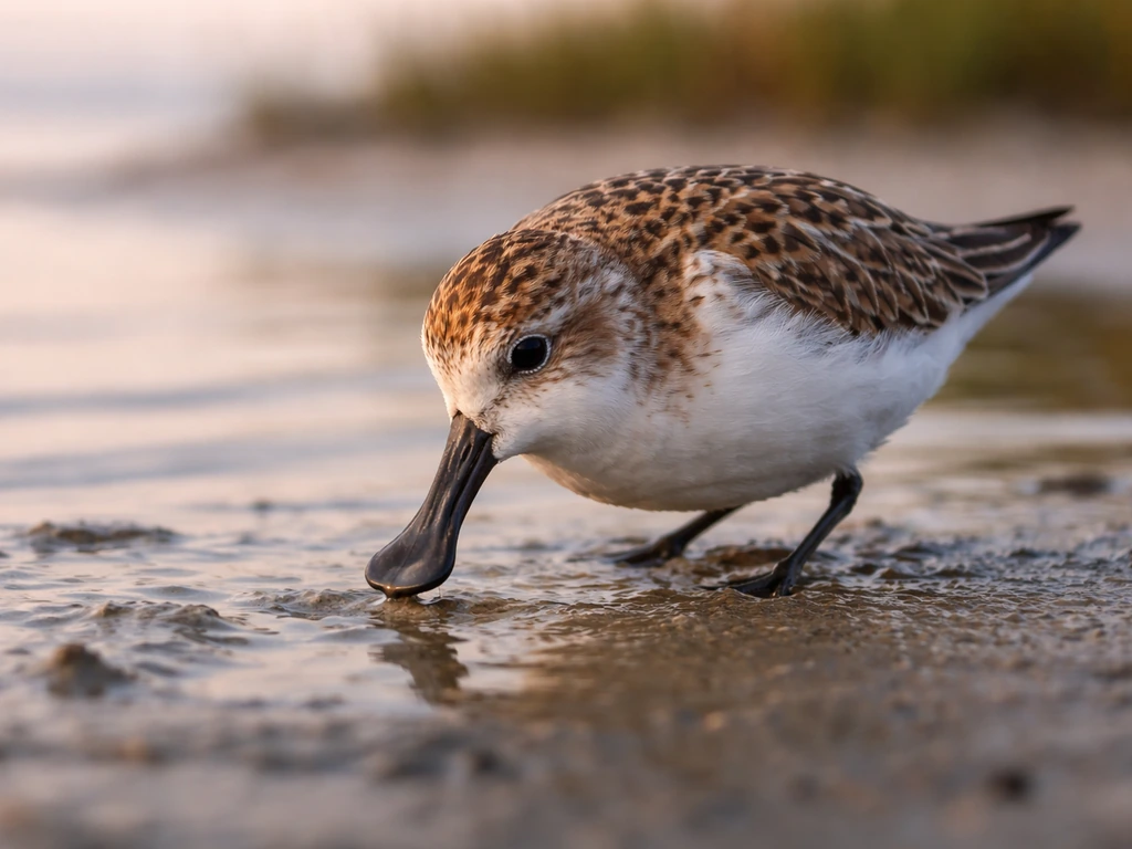 Close-up of a spoon-billed sandpiper probing wet mud on a quiet coastal mudflat at dawn.