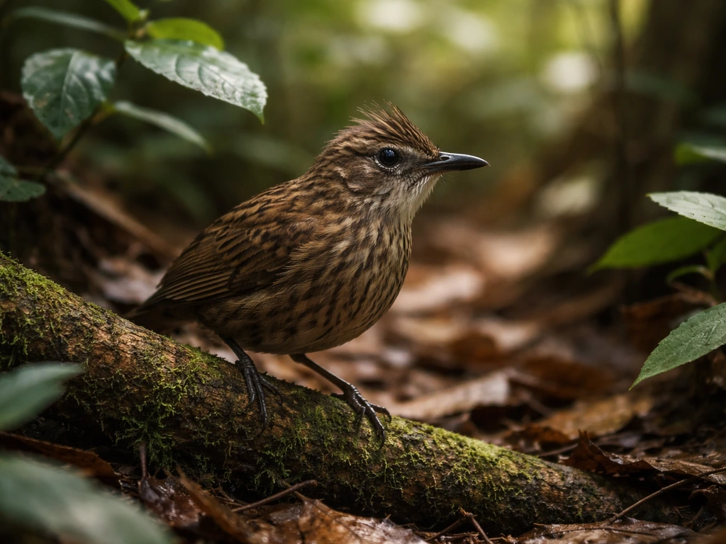 Small brown bird with streaked feathers perched in a shadowy forest understory, soft light and leaves.