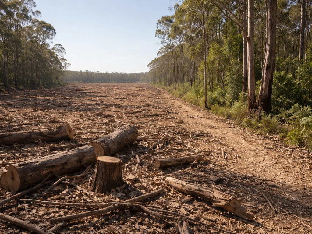 Eucalypt woodland clearing in southeastern Australia with scattered remaining trees and a dusted track.