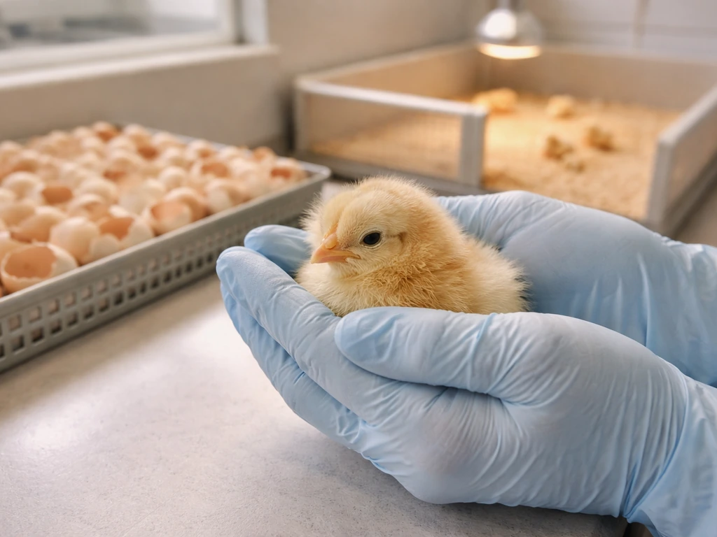 Gloved hands holding a small chick in a clean conservation rearing room with eggshells and chicks nearby.