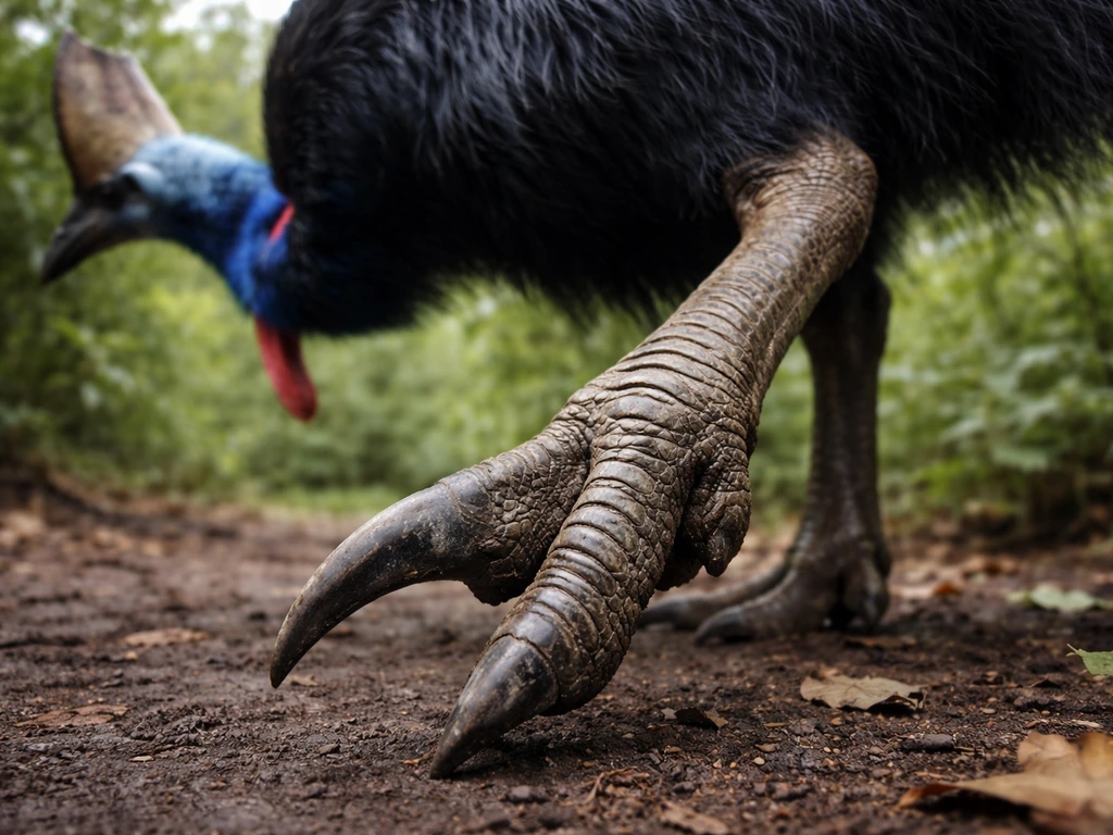 Close-up side view of a cassowary’s legs, inner-toe claw, and casque in a natural setting.