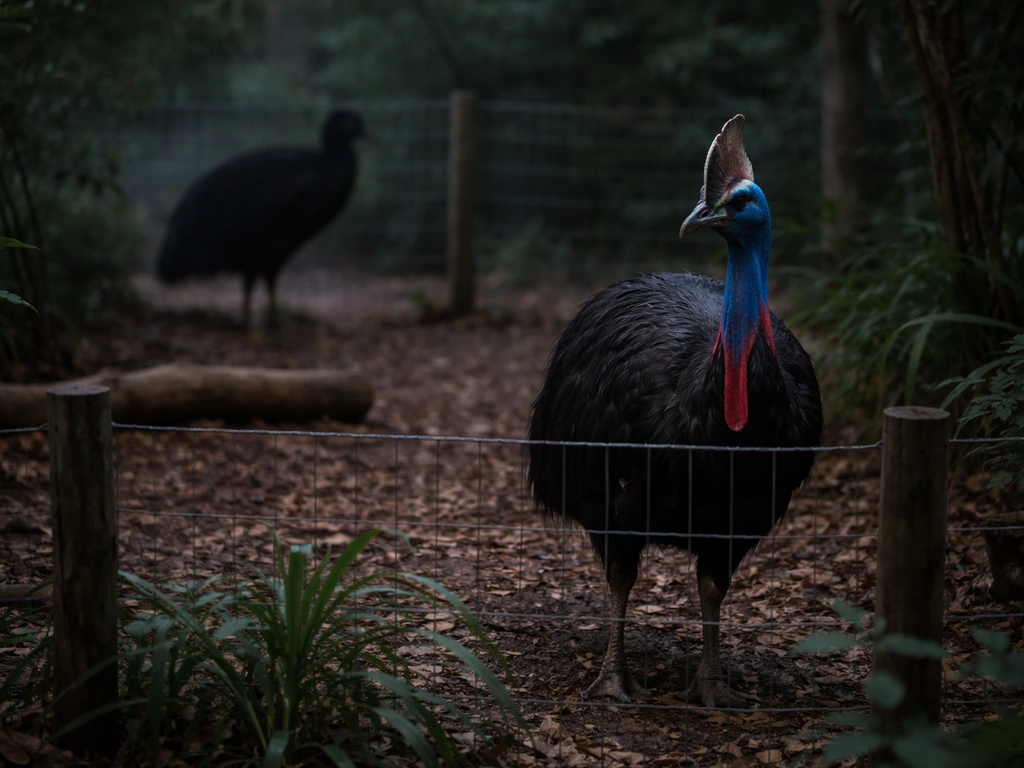A cassowary stands behind a low wire fence in a natural enclosure, with a blurred dangerous bird in the background.