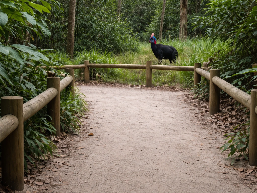 Cassowary habitat path with a low barrier, cassowary in the background at a safe distance.