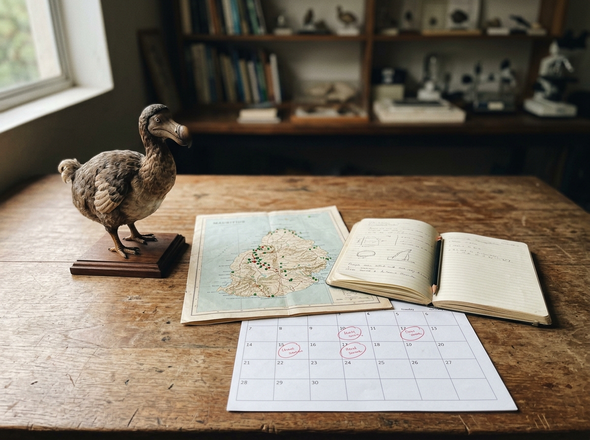 Historian map and notes beside a dodo specimen and timeline markers showing no modern hatch evidence