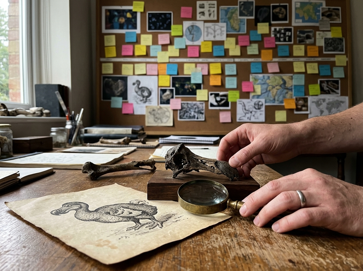 Annotated timeline wall with dated extinction evidence objects (bones, ink sketch)