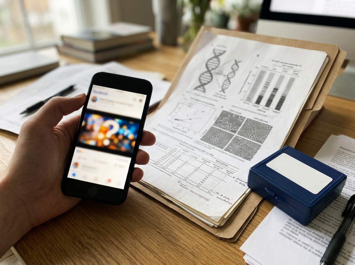 Phone screen with blurred viral-style hoax thumbnail next to de-extinction research materials