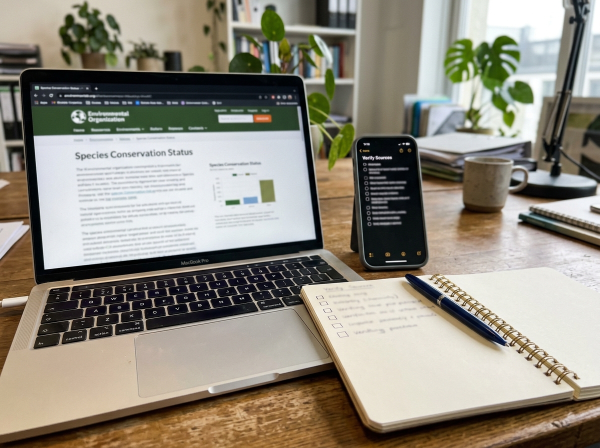 Step-by-step fact-check checklist on a phone and laptop with IUCN page mocked as blurred
