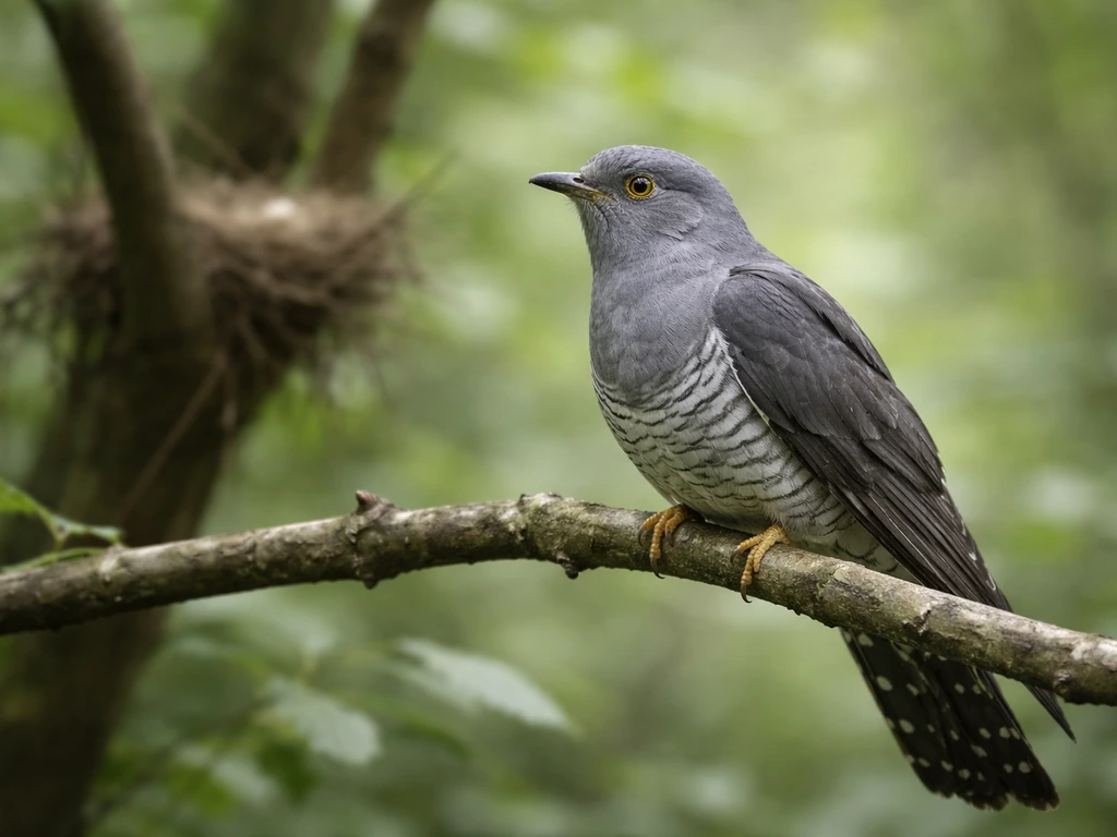 European common cuckoo perched in a woodland tree with a subtly visible host nest in the background.