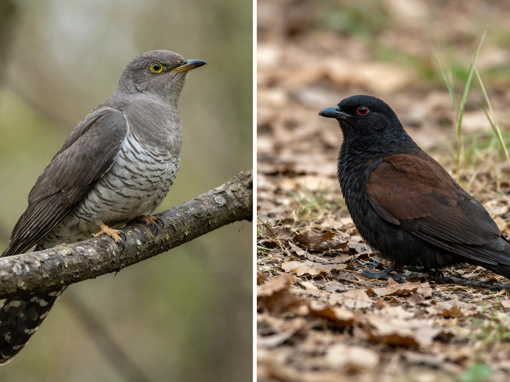 Two common cuckoo interpretations side by side: a European common cuckoo and a ground-cuckoo-like bird on natural branch