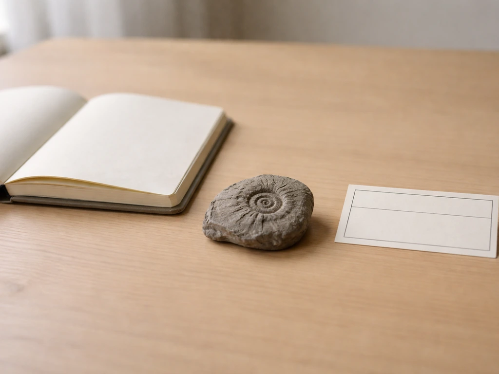 Open field notebook, blank specimen label card, and a gray fossil stone on a clean tabletop.