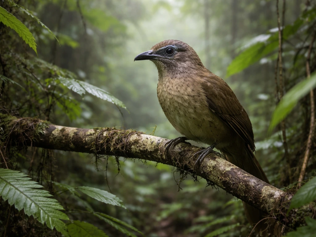 Delalande’s coua bird perched in a humid Madagascar forest undergrowth with soft misty light