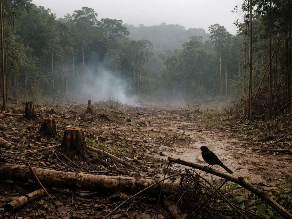 Madagascar forest edge with stumps and smoke haze, silhouetted forest bird suggesting habitat loss