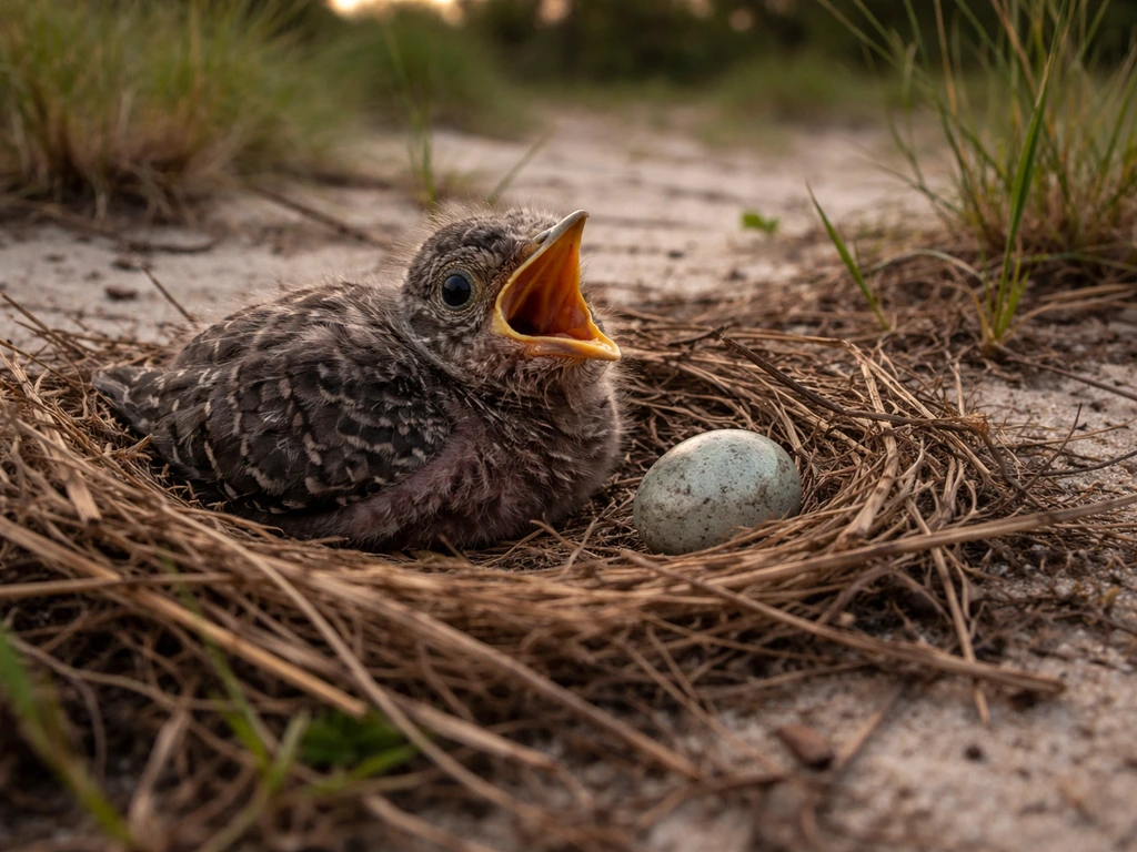 A ground bird nest with a cuckoo chick and an egg among twigs and dried grass.