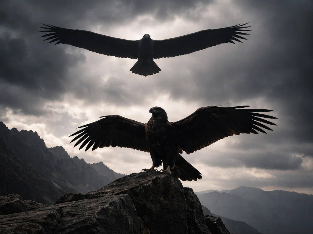 Dramatic raptor silhouettes—an eagle-like bird beside a giant extinct mega-bird—against stormy sky