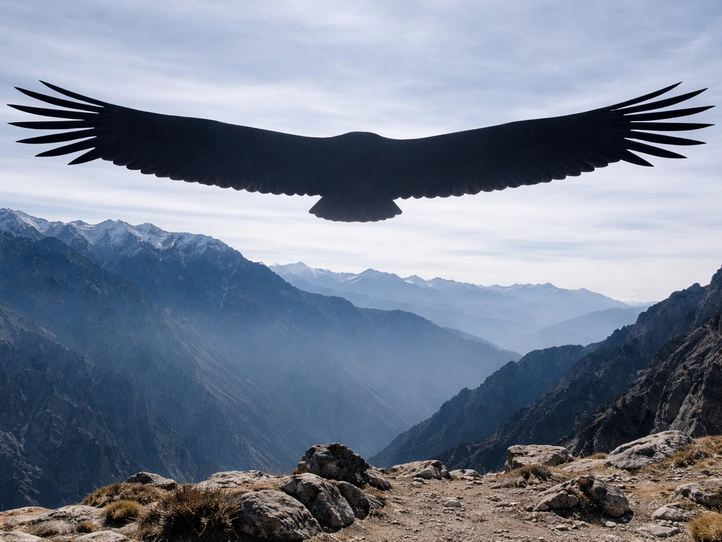 High-altitude Andes cliffs with a huge wing span silhouette filling the sky, suggesting a giant bird of prey.