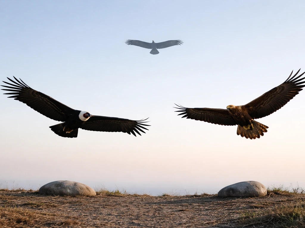 Andean condor and an eagle shown side-by-side in flight, with a distant Argentavis silhouette for comparison.