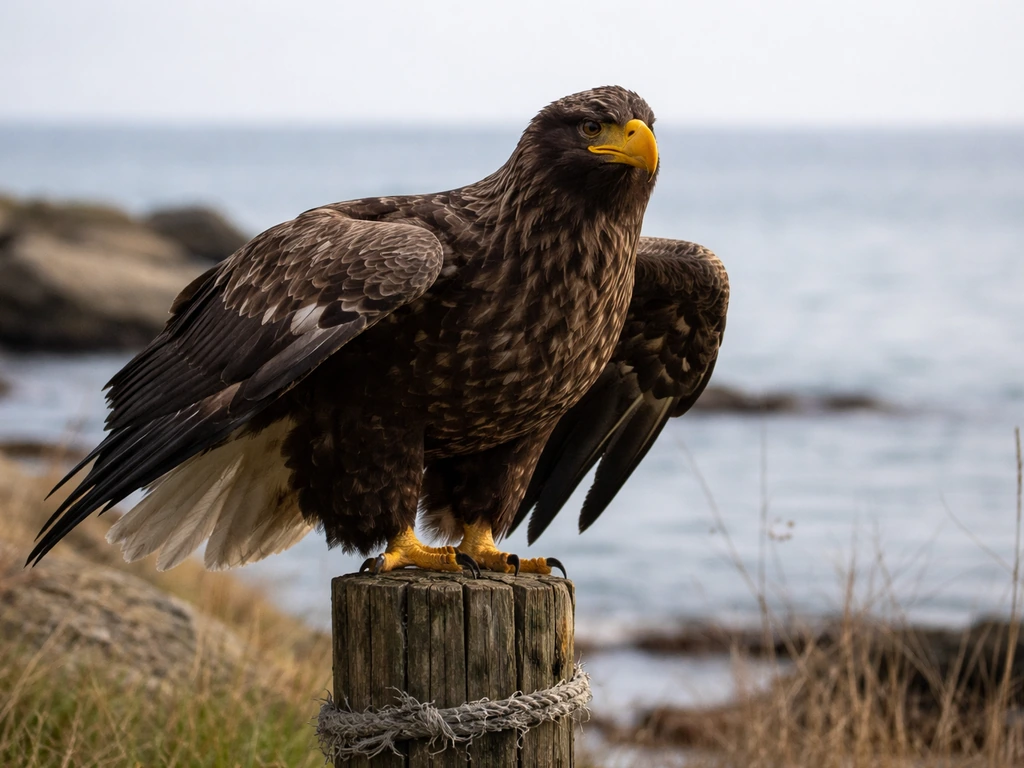 Steller’s sea eagle perched on a coastal piling with wings partially spread, rocky shore and sea behind.