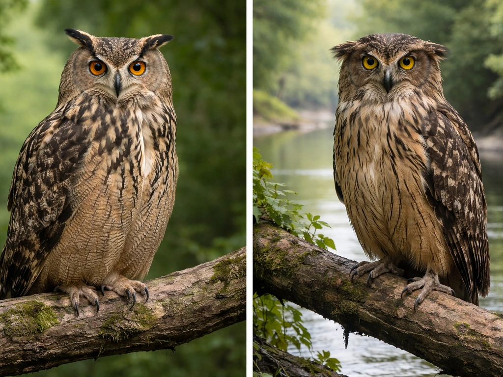 Side-by-side eagle-owl and fish owl perched on branches near a forest and riverbank.