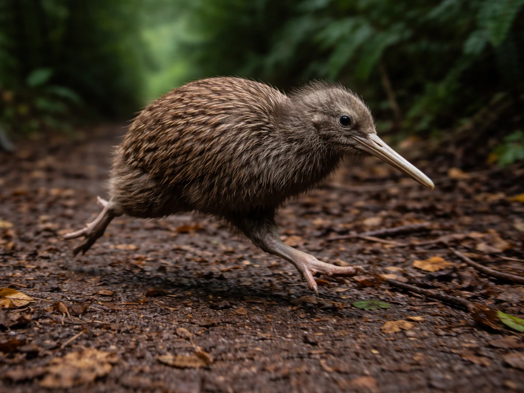 Ground-level photo of a kiwi running mid-stride on a damp forest floor with leaf litter.