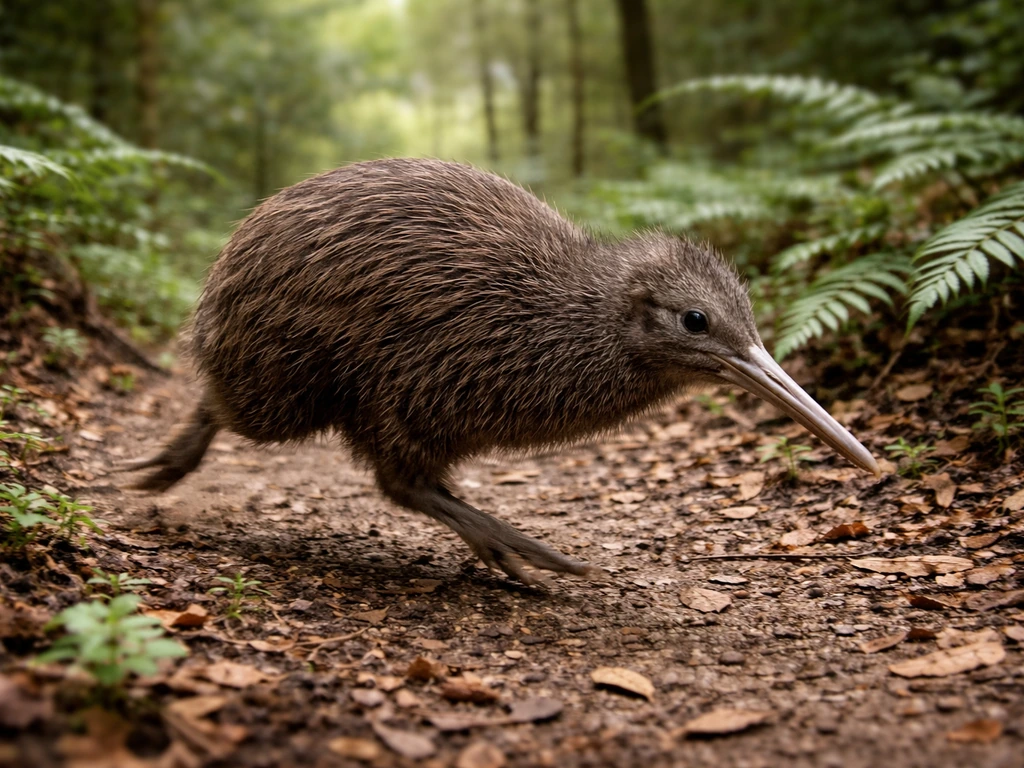 A kiwi on a quiet forest path, captured mid-transition from walking to faster ground running.