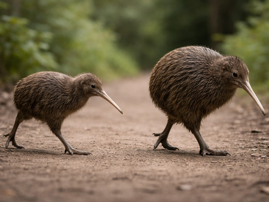 Close-up of two kiwi-like birds on a simple natural path, one slim and one larger with different leg stride posture.
