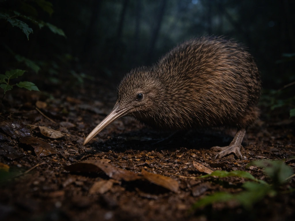 Nighttime kiwi foraging on forest floor near leaf litter, low evasive-ready posture.